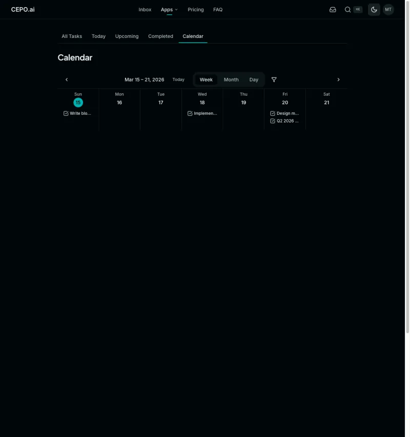 Calendar view showing tasks organized by day in a weekly layout