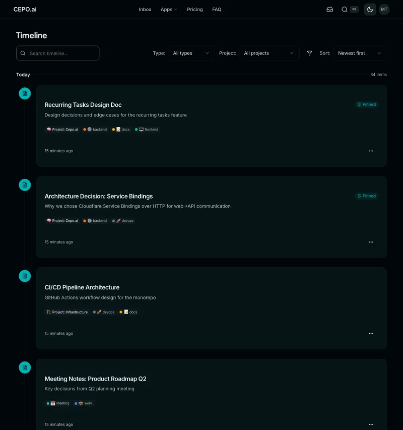 Timeline view showing notes, tasks, and prompts in a unified feed with filters