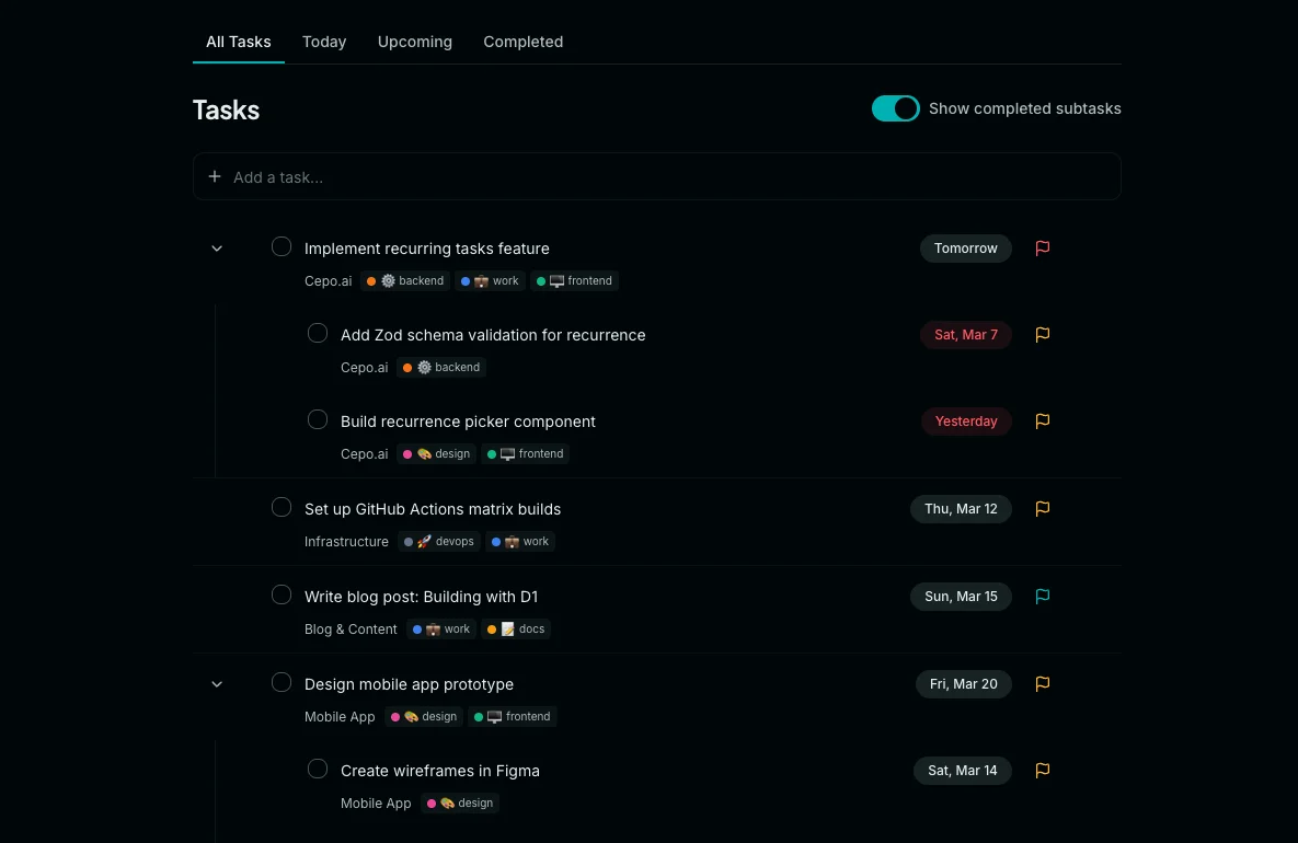 All Tasks view showing projects, subtasks, tags, and drag-and-drop reordering
